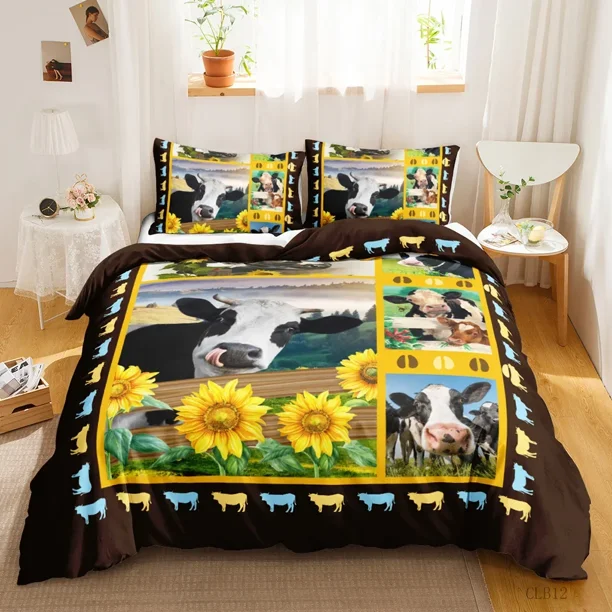 x1282 Bed SheetsCute Cow Print Duvet Cover Kawaii Highland Cow Bedding Set Comforter Cover Cartoon Farm Animals Polyester Duvet Cover 3-Piece Bedding Set (1 Duvet Cover + 2 Pillow Shams) nj1282