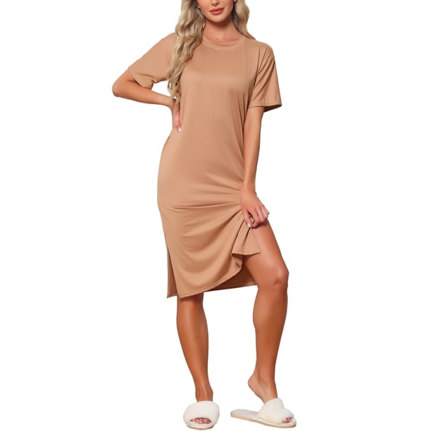 INSPIRE CHIC Camisón Midi de Manga Corta para Mujer con Abertura Lateral Casual Vestido de Descanso Tipo Camiseta M Café
