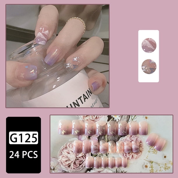 24pcs Glossy Purple Gradient Butterfly Sequin Press On Nails - Medium Length Full Cover False Nails with Acrylic Coating