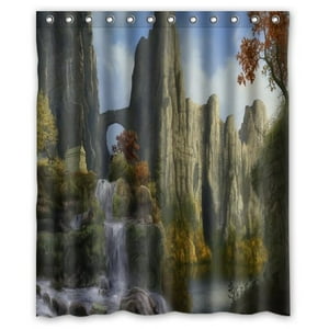 Pinghai - Cortina De Ducha Con Diseño De Acantilados, Cascadas, Cielo, Naturaleza Y Árboles, Con Ganchos, Tamaño 60 X 72 Pulgadas