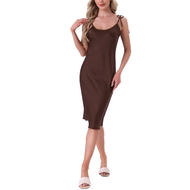 INSPIRE CHIC Camisón de Satén para Mujer Midi con Tirantes Ajustables de Espagueti Sedoso Sexy Camisón Camisola Vestido de Pijama M Marrón