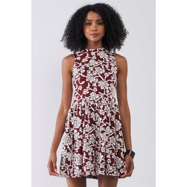 Vestido Mini Ajustado sin Mangas con Cuello Redondo y Estampado Floral Burdeos y Blanco de FASHNZFAB, Talla M para Mujer