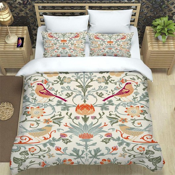 Chic William Morris Birds Floral Print Quilt Duvet Cover Set Bed Linen Double3-Piece Bedding Set