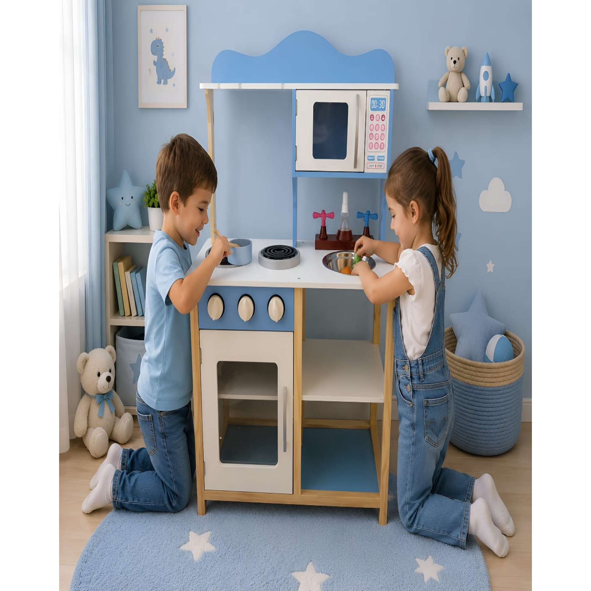 Myl Todo Hogar - Cocina De Madera Infantil Con Microondas Y Horno - Celeste Y Blanco