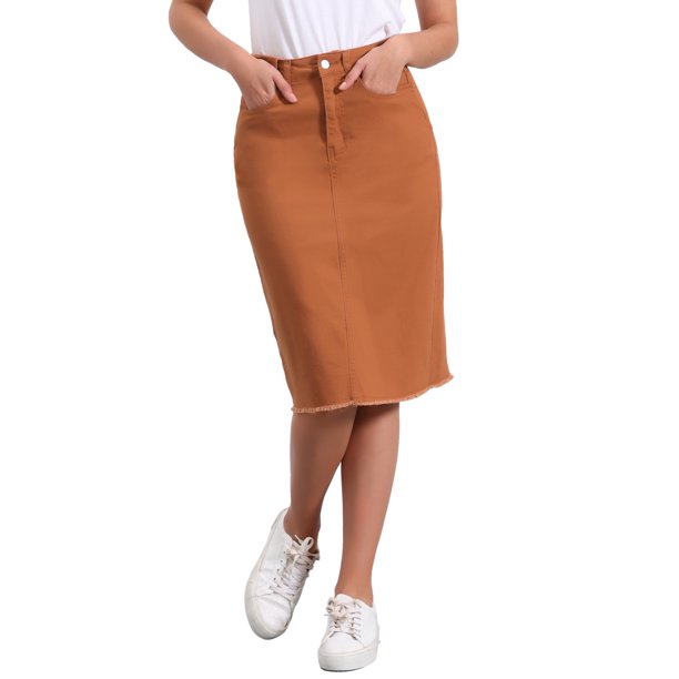 INSPIRE CHIC Falda de Mezclilla de Cintura Alta para Mujer, Falda de Jean hasta la Rodilla con Dobladillo Deshilachado y Bolsillos Rojo Ladrillo M