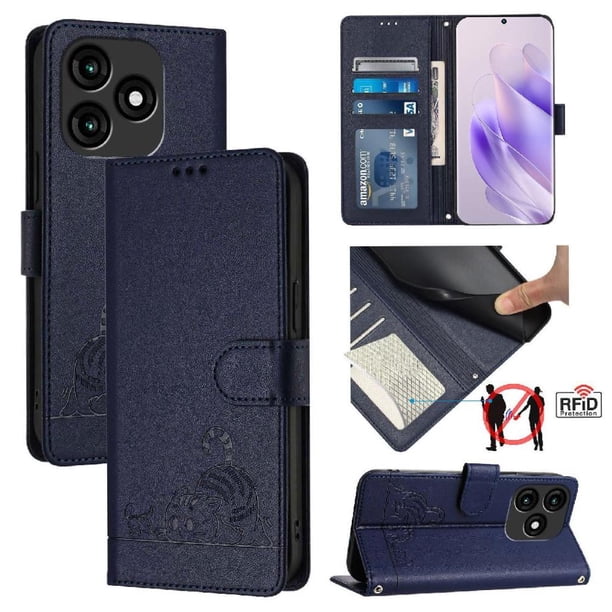 Funda tipo cartera FOXDOCK para itel A70 con soporte, ranuras, RFID, diseño de gato
