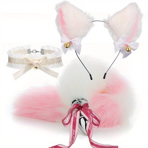 3pcs/set Fox Tail Butt Plug & Lace Chocker & Fox Ear Headband Set, Adults Couples Sex Toys