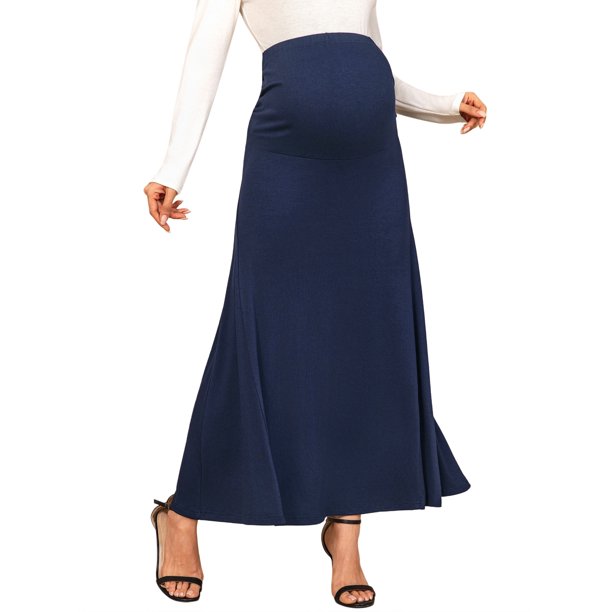 INSPIRE CHIC Falda Maxi de Maternidad Sirena de Cintura Alta Sobre el Vientre Fruncida Acampanada Suave de Punto Largo Falda de Embarazo XL Azul Oscuro