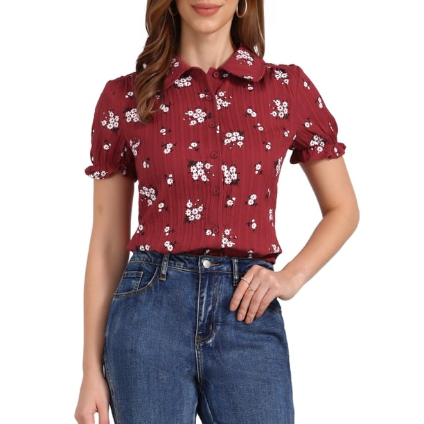 INSPIRE CHIC Camisa de Mujer para Regreso a Clases con Cuello Peter Pan, Botones, Mangas Abullonadas, Estampado Floral Rojo Oscuro Talla L