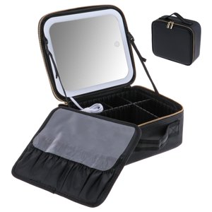 Ioensy - Estuche De Tren De Maquillaje De Viaje Con Espejo Y Luces Bolsa De Cosméticos Portátil Negro