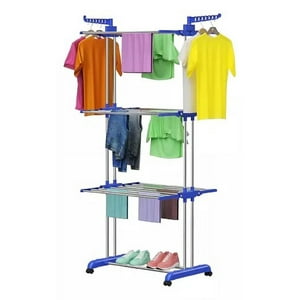 Venimport - Tendedero Ropa Colgador Perchero Plegable 3 Niveles Azul/ Blanco