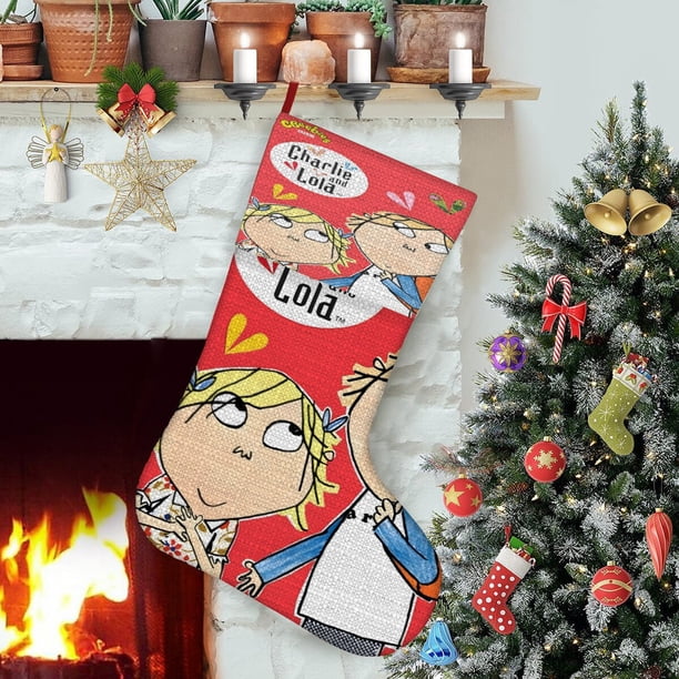 Charlie y Lola Tema: Calcetines de Navidad, fino lino blanco para colgar en escaleras y chimenea, decoración navideña para el hogar, regalo de Navidad.54cm×38cm
