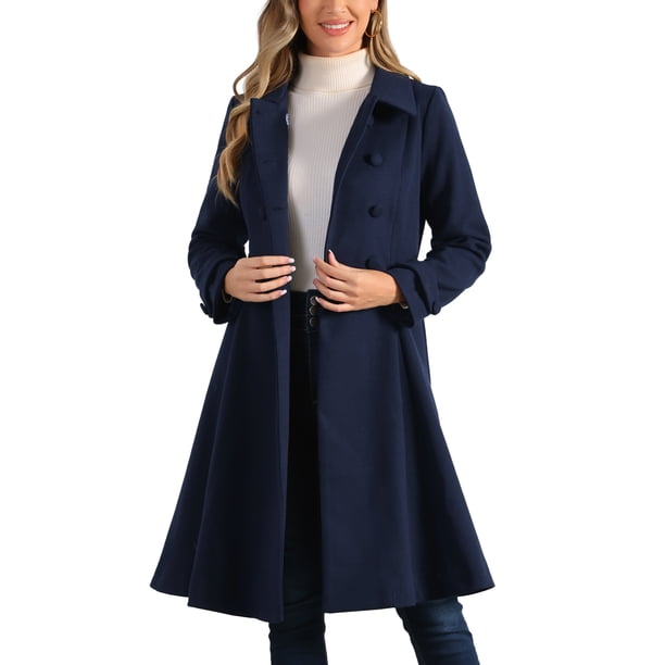 INSPIRE CHIC Abrigo de Invierno Vintage Sólido de Línea A con Doble Botonadura y Cuello para Mujer L Azul Oscuro