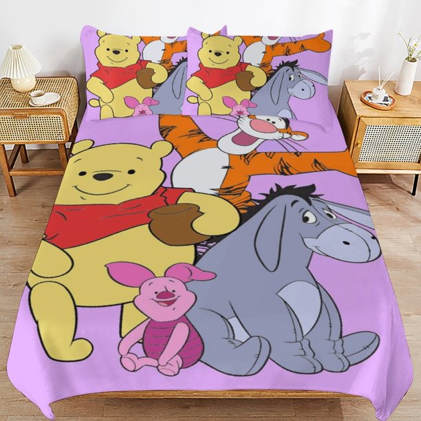 Winnie The Pooh Bed Duvet Cover Microfiber Bedding Sets 3D Printed Lightweight 3 Piece Comforter Sets for Kids Boys Girls