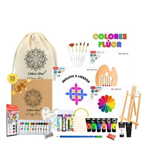 Celebra Ideas - Set Kit Arte Pinturas Acrílicos Flúor Neón Atril Bastidores