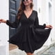 thumbnail image 4 of Vestido de mujer con escote en V profundo, manga larga, lazo en la cintura, volantes, minivestido skater - Negro, 4 of 6