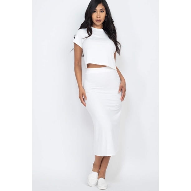 Capella Conjunto de Top Casual de Cuello Redondo y Falda Midi de Manga Corta Acanalada Lisa - Rosa Apparel