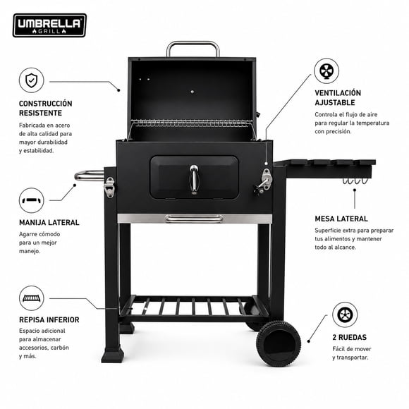 Parrilla A Carbón Asados Con Tapa Ahumador Umbrella FT01-126