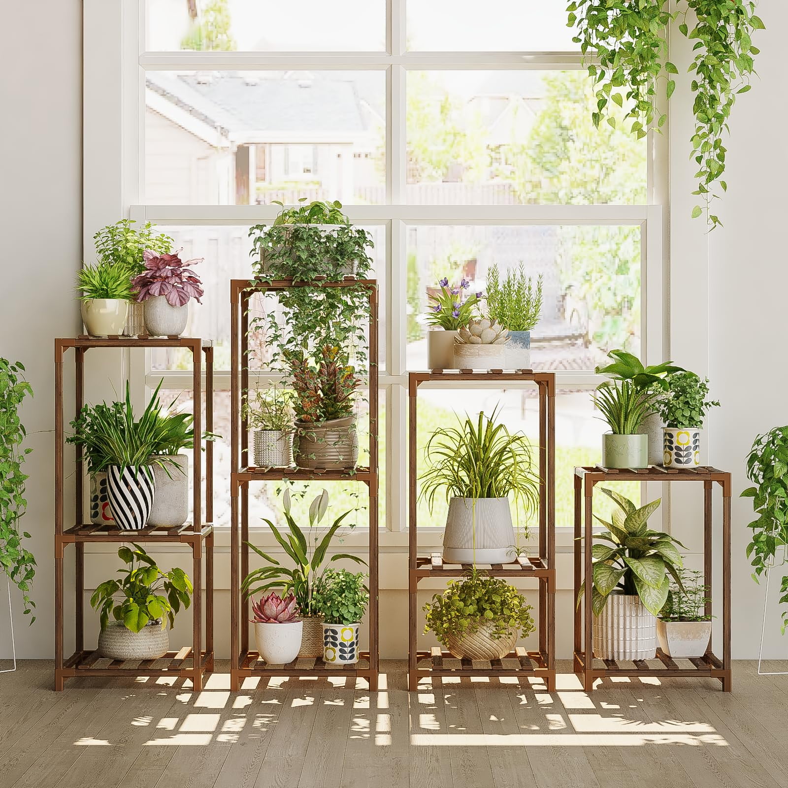 Juego De 4 Soportes Para Plantas Bamworld, Madera Alta Mejorada, Para Interiores Y Exteriores