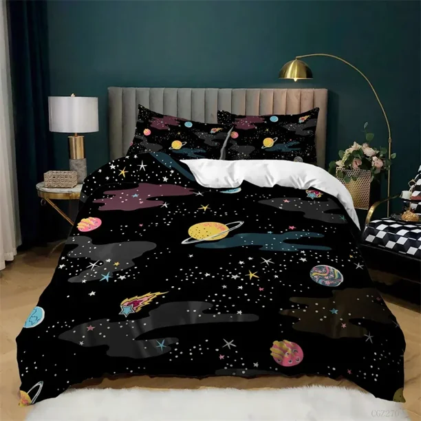 x1229 Bed SheetsStarry Sky Galaxy Duvet Cover Outer Space Bedding Set For Boys Girls Teen Microfiber Cosmos Solar System Planet Comforter Cover 3-Piece Bedding Set (1 Duvet Cover + 2 Pillow Shams) nj1