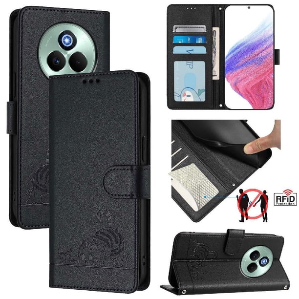 Funda tipo cartera FOXDOCK para Realme P3 Pro 5G con soporte, ranuras, RFID, diseño de gato