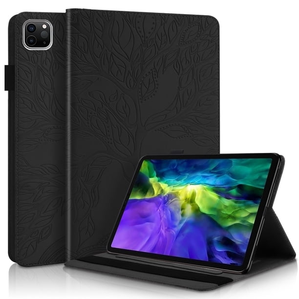 Funda con relieve del Árbol de la Vida para tablet ipad Pro 12.9(2024) con soporte, ranuras para tarjetas y soporte para lápiz óptico. Negro