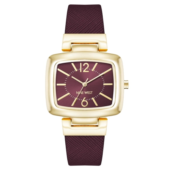 Reloj Nine West Saffiano con correa para mujer, tono burdeos y dorado