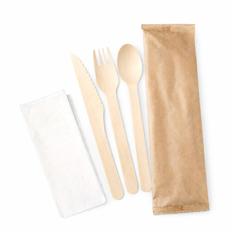 De Gaune - Kit Cubiertos De Madera (Cuchara, Cubierto, Cuchillo, Servilleta) 25 Unidades