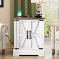 M&Ms - On-Trend Farmhouse End Table With Charging Station, Rustic Wood Nightstand With Adjustable Shelf, 19.6""W Versatile Walnut Sofa Side Table With Barn Doors & Retro Hinges For Bedroom, Living Room, White