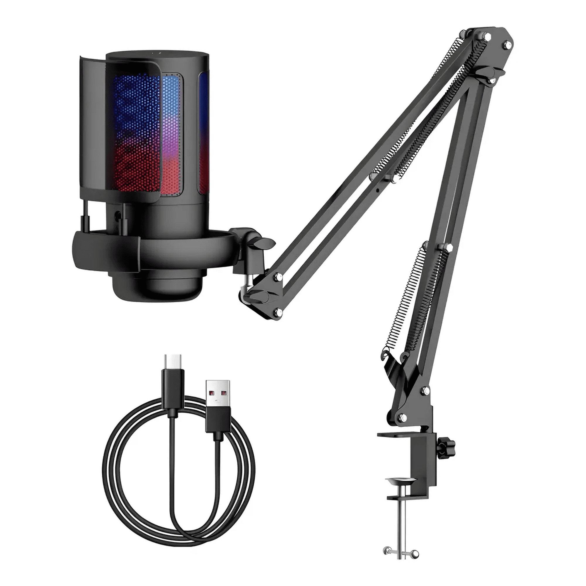 micrófono Usb Gamer Rgb Belug Para Podcast Con Soporte De Brazo Negro