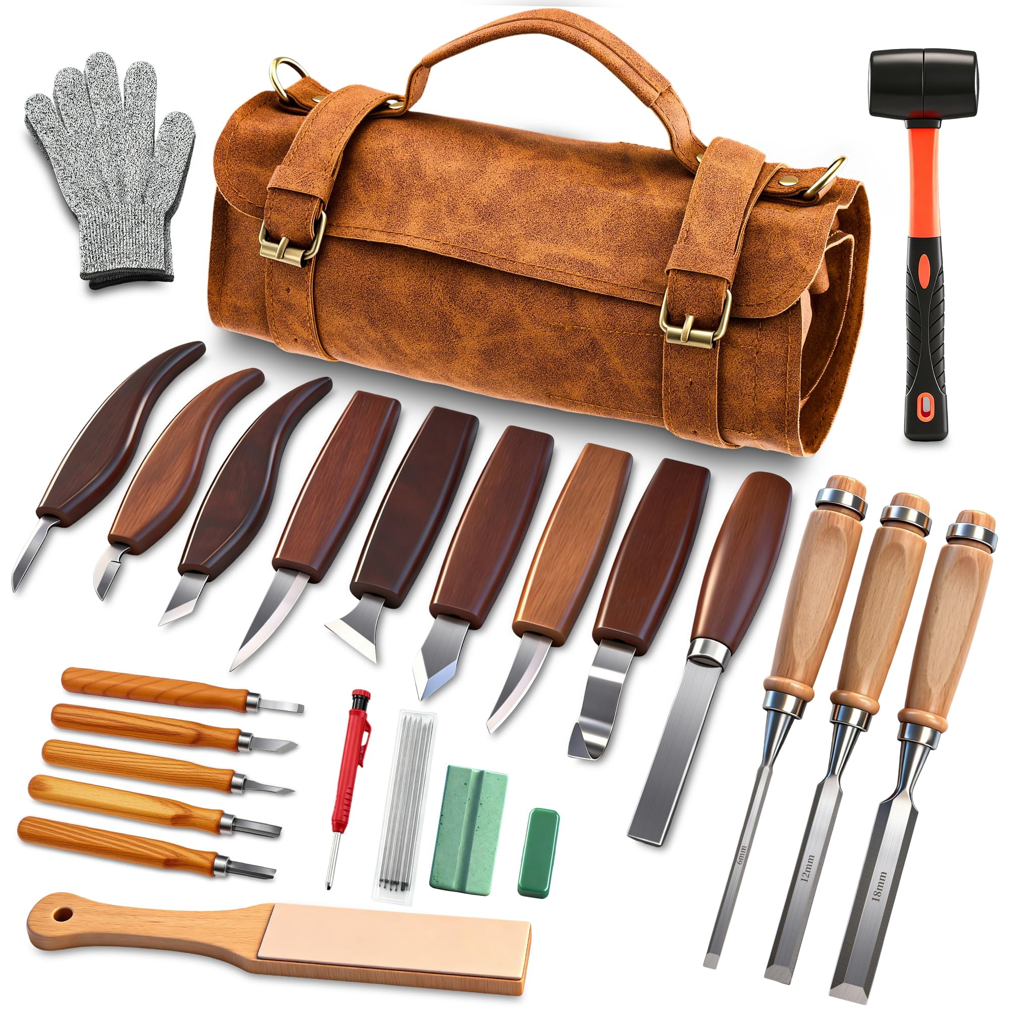 Sakerneo - Kit De Talla De Madera De 25 Piezas Con Bolsa De Cuero