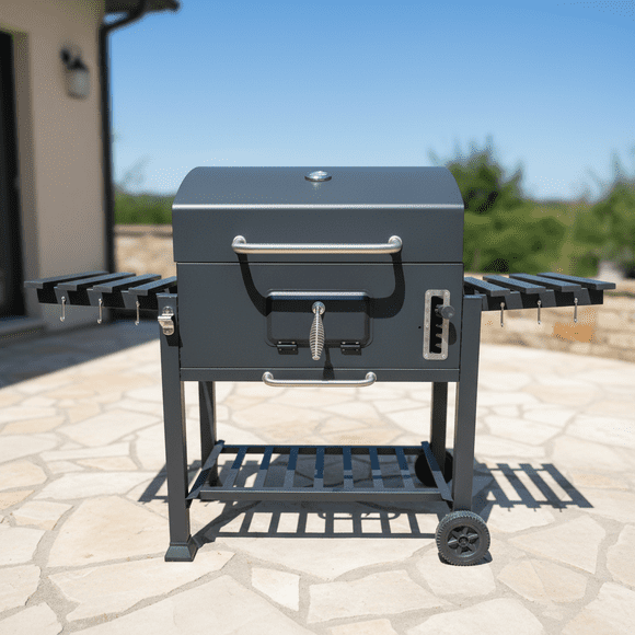 Parrilla Carbón Tapa y Ruedas + Termómetro + 2 bandejas laterales