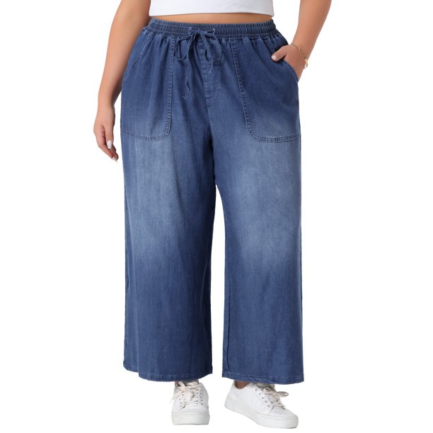 Agnes Orinda Jeans de Talla Grande para Mujer con Cintura Elástica y Cordón, Pantalones de Mezclilla Casuales de Pierna Ancha Chambray Palazzo con Bolsillos 3X Negro Azul