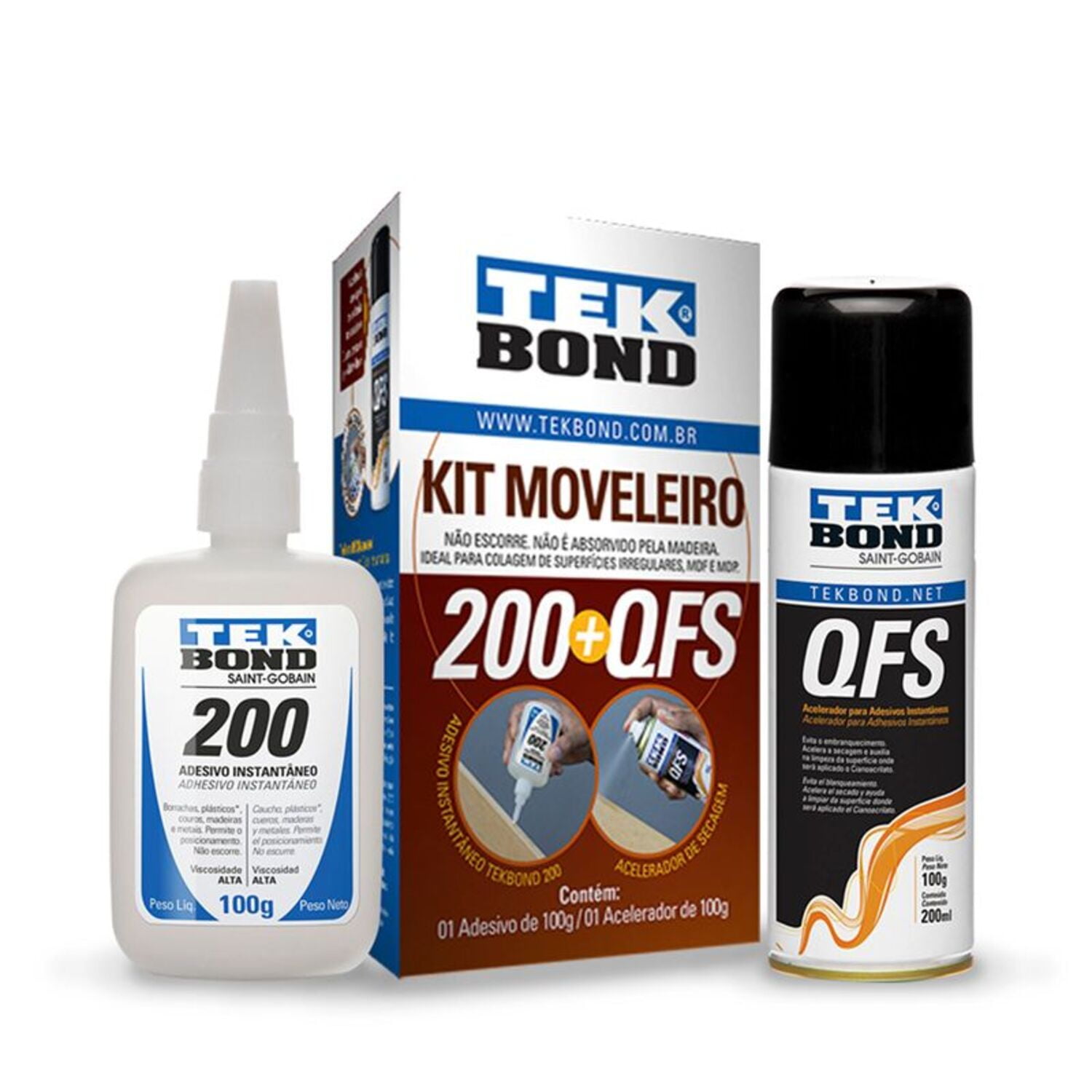 Tekbond - Kit Muebles Adhesivo Instantáneo 200 Viscosidad Alta 100g + Acelerador Qfs 200ml