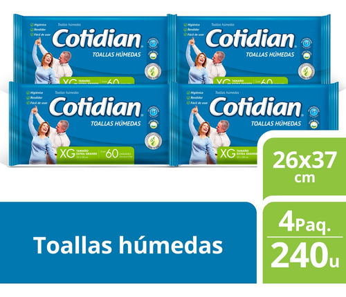 4 Paquetes Toallitas Húmedas Cotidian Aloe Vera & Vit.E 240U