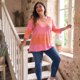 thumbnail image 3 of Agnes Orinda Blusas Casuales de Talla Grande para Mujer, Tops de Colegio con Rayas de Tie Dye, Cuello en V, Mangas 3/4, Túnica, 1X Rosa, 3 of 8