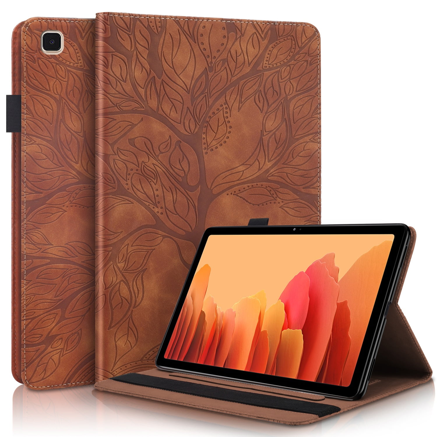 Foxdock - Funda Con Relieve Del Árbol De La Vida Para Tablet Samsung Galaxy Tab A7 Con Soporte, Ranuras Para Tarjetas Y Soporte Para Lápiz Óptico. Marrón