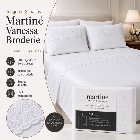 Juego de Sábanas Martiné Vanessa Broderie 1.5 Plazas 144 Hilos 3 Piezas Blanco