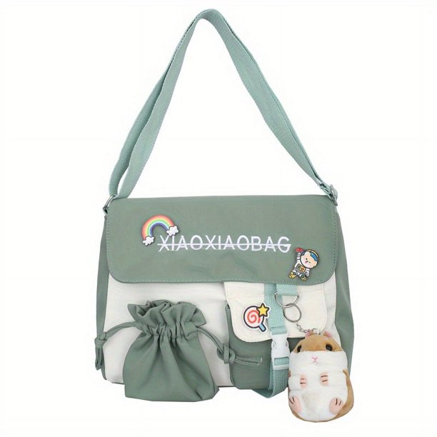 Kawaii Pendant Drawstring Decor Large Capacity Crossbody Bag, Nylon Lightweight Messenger Bag, Casual Fashion Versatile Shoulder Bag