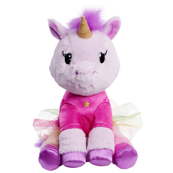 Unicornio EK World de peluche Just Play, 18 cm, con camisa rosa con forma de estrella y falda arcoíris