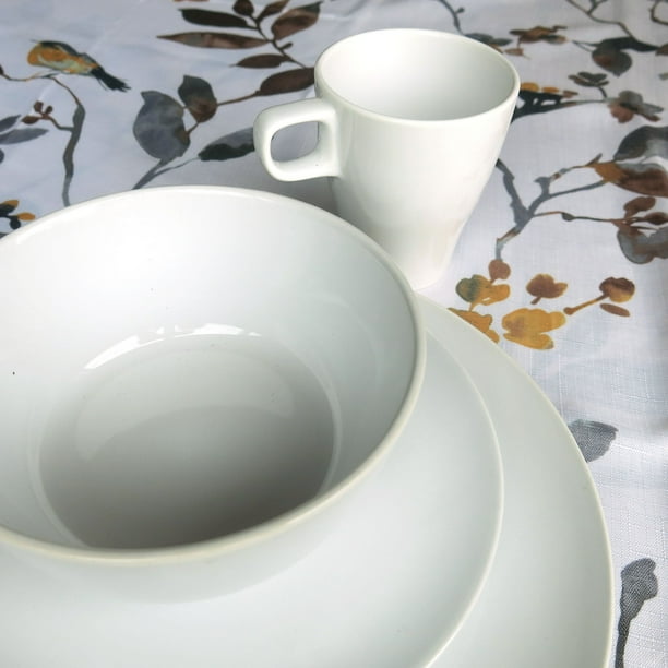 Set Juego de loza Cerámica 16 piezas Vajilla Blanca y Mantel antimanchas  Pajaros 130x180