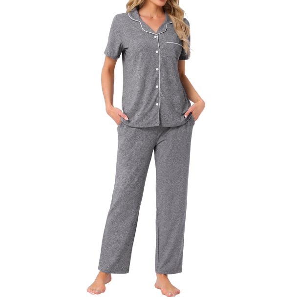 INSPIRE CHIC Conjunto de Pijama para Mujer con Manga Corta, Camisa Abotonada con Ribete en Contraste y Pantalones Largos para Estar en Casa M Gris Oscuro