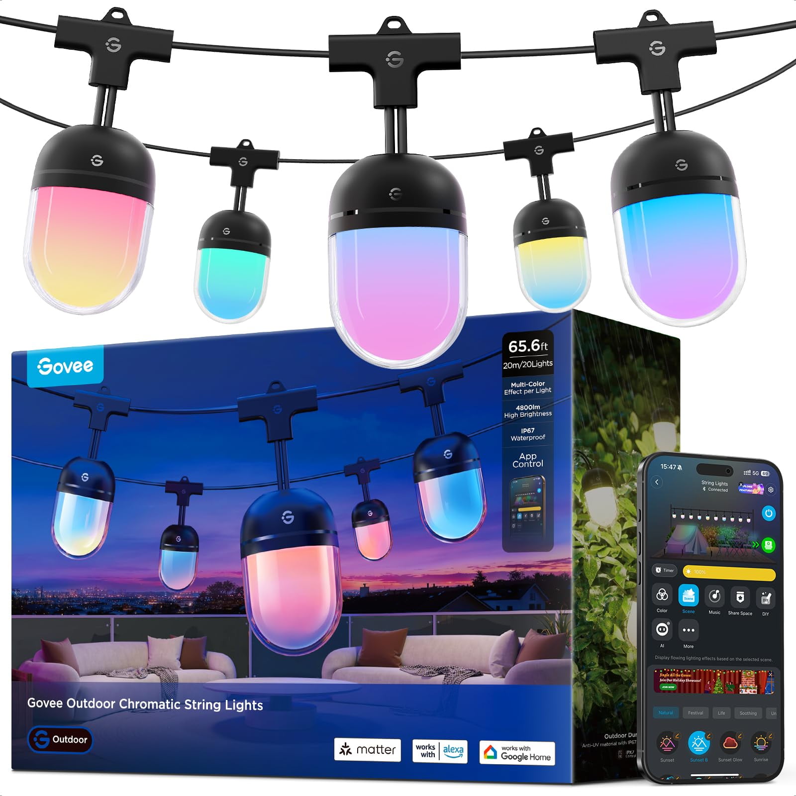 Luces De Cadena Para Exterior Govee 20 M, 55 Led Rgb, Ip67