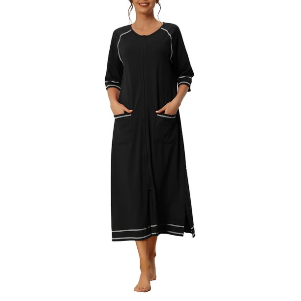 INSPIRE CHIC Bata con Cremallera de Manga Larga para Mujer, Mezcla de Rayón Suave, Loungewear Midi con Bolsillos XL Negro