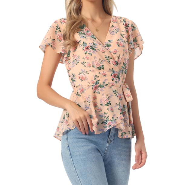 INSPIRE CHIC Blusas Cruzadas para Mujer con Estampado Floral Cuello en V Cintura con Lazo Peplum Blusa Albaricoque Rosa XL
