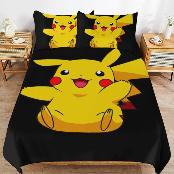 Pi-ka-chu Bed Duvet Cover Microfiber Bedding Sets 3D Printed Lightweight 3 Piece Comforter Sets for Kids Boys Girls
