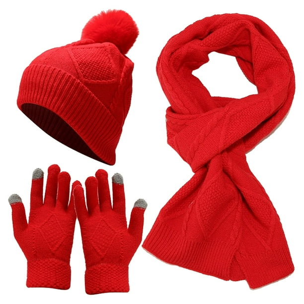 Conjunto de tres piezas de gorro, bufanda y guantes, cálido y aislante, gorro de punto grueso.