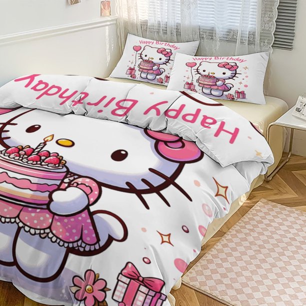 Cartoon Hello Kitty Comforter Happy Birthday 3-Piece Bed Sheets Warm Kawaii Bedding Set Cute Soft Bedclothes for Boys Girls Kids Twin