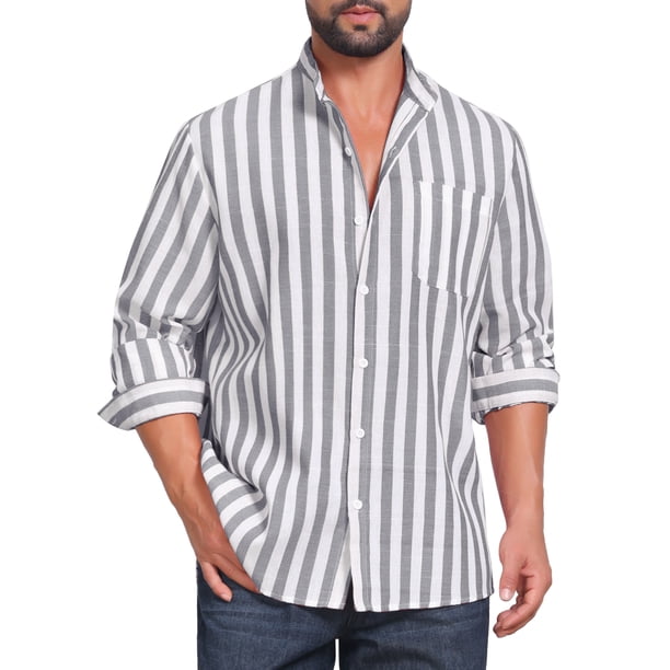 INSPIRE CHIC Camisas de Vestir a Rayas con Bolsillo en el Pecho para Hombre de Manga Larga y Cuello Mao M Gris