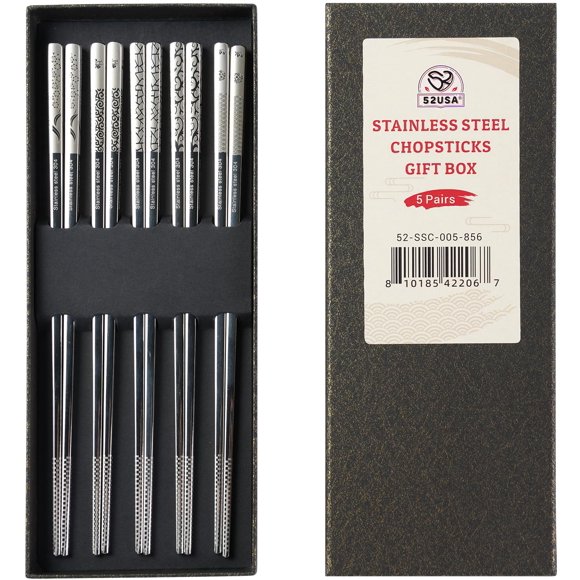 Juego de 5 pares de palillos reutilizables de acero inoxidable 52USA